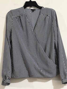 Ann Taylor Black & White Striped Wrap-Front Long Sleeve Shirt